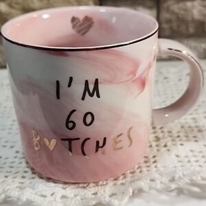 "I'm 60 B❤️tches" Funny 60th Birthday Gift Coffee Mug Pink Marbled Gold Swirl
